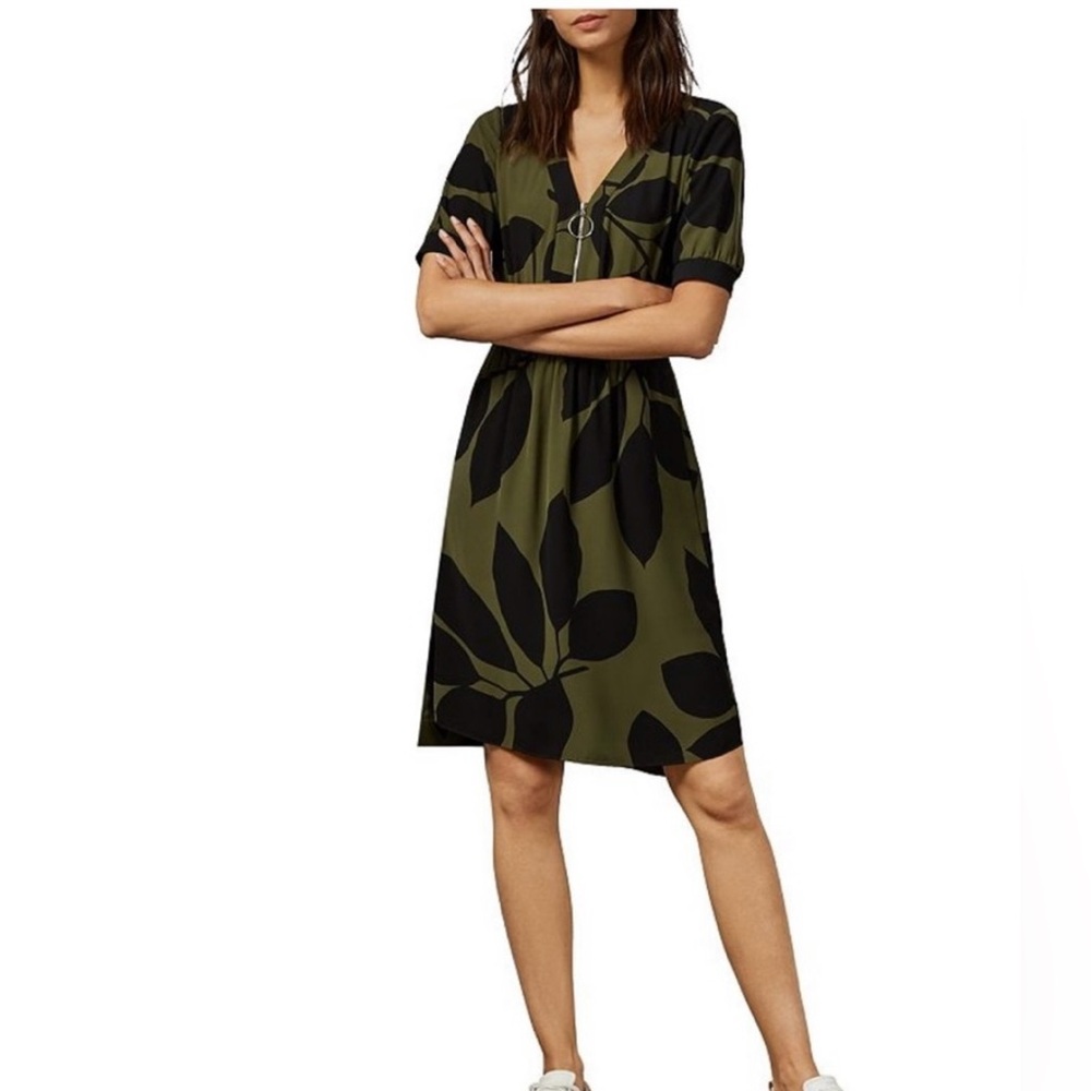 Olive Green Short Sleeve V-Neck Dress with Black Leaf Print